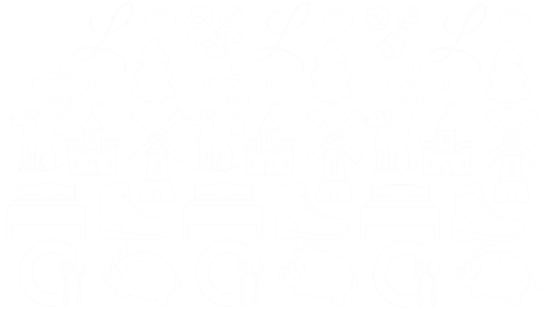 Muster mit wiederholten weiß pixeligen Symbolen auf schwarzem Hintergrund, darunter Blume, Buchstabe L, Kerze, Blume, Baum, Katze, Haus, Windmühle, Stiefel, Bett, Teller mit Besteck und Schwein.