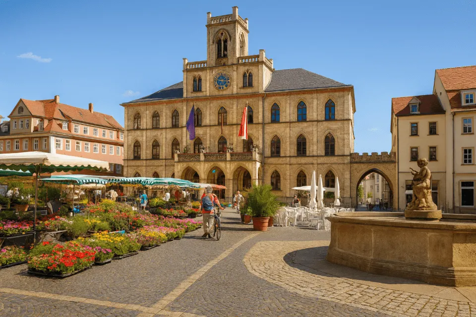 Prunkvolles Gebäude mit Türmen und Fahnen an einem großen Platz.