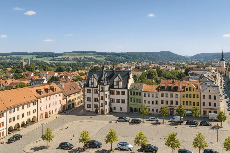 Blick über einen modernen Platz mit Cafés, Geschäften und Sitzgelegenheiten.