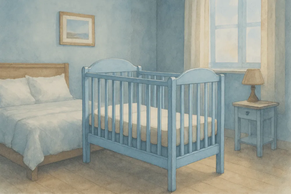 Helles Gästezimmer mit Holzbett und schlichtem Mobiliar.