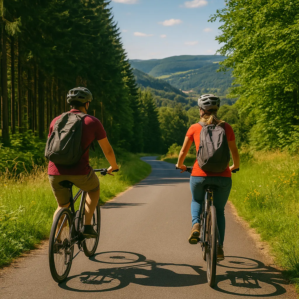 Zwei Personen fahren mit Fahrrad auf einem sonnigen Waldweg mit Bergen im Hintergrund.