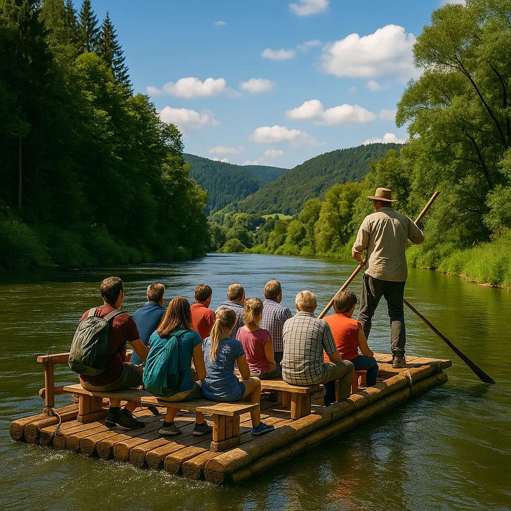 Eine Gruppe von neun Personen auf einem Holzfloß, das auf einem ruhigen Fluss von einem Mann mit einem Stab gesteuert wird, umgeben von grün bewaldeten Hügeln unter blauem Himmel mit wenigen Wolken.