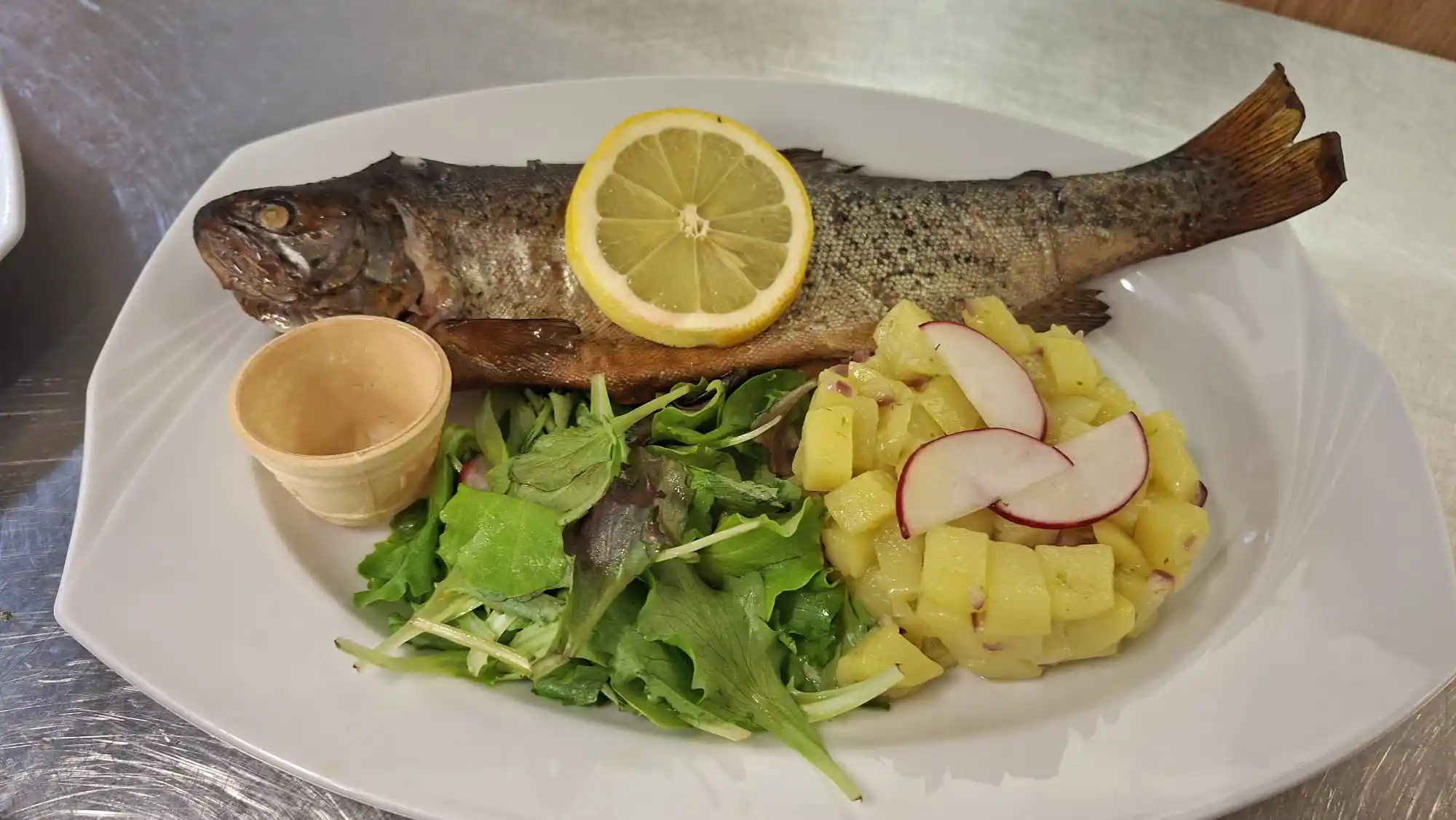 Ganz gebratener Fisch mit Zitronenscheibe, grünen Blattsalat, Kartoffelsalat mit Radieschenscheiben und einer kleinen leeren Waffel auf weißem Teller.