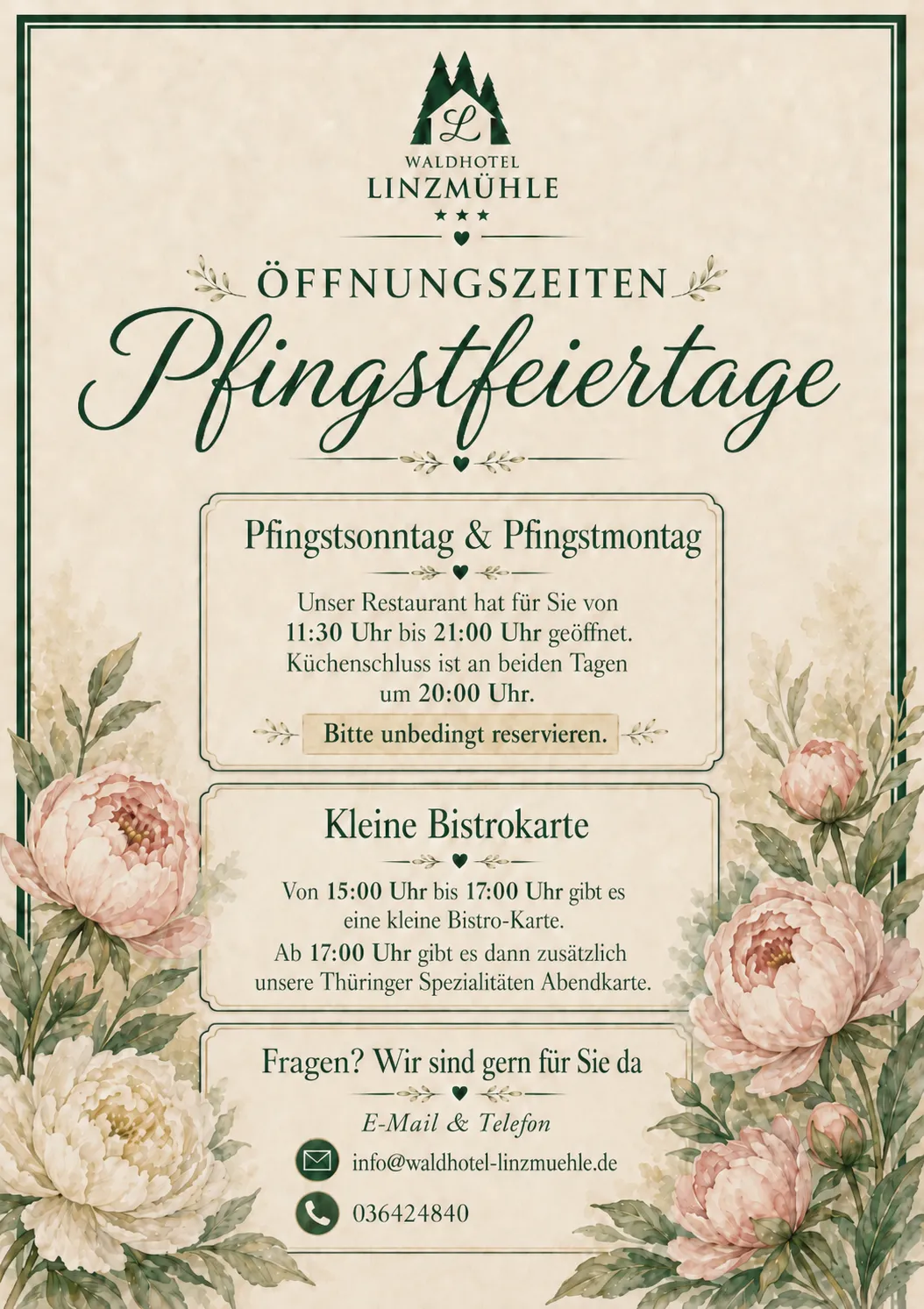 Waldhotel Linzmühle Öffnungszeiten Pfingstfeiertage mit Restaurantzeiten und Kontaktinfos auf floralem Hintergrund.